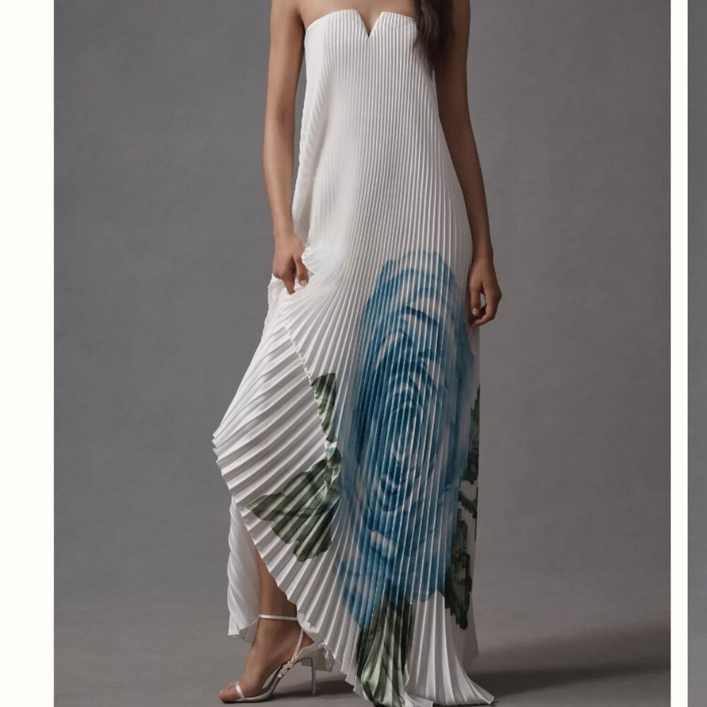 Strapless White Pleated Maxi Dress with Blue Floral Print